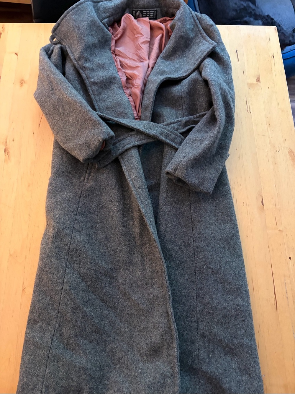 Long Gray Trench Coat with Pink Lining and Self-Tie Belt
